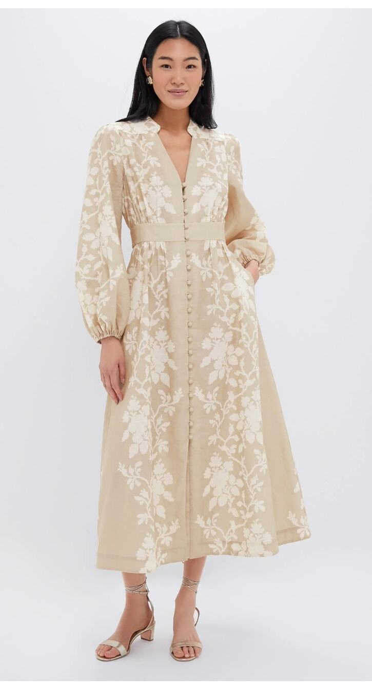 Tuckernuck Floral Linen Blend Midi Button Dress Tan Cream Size Medium NEW